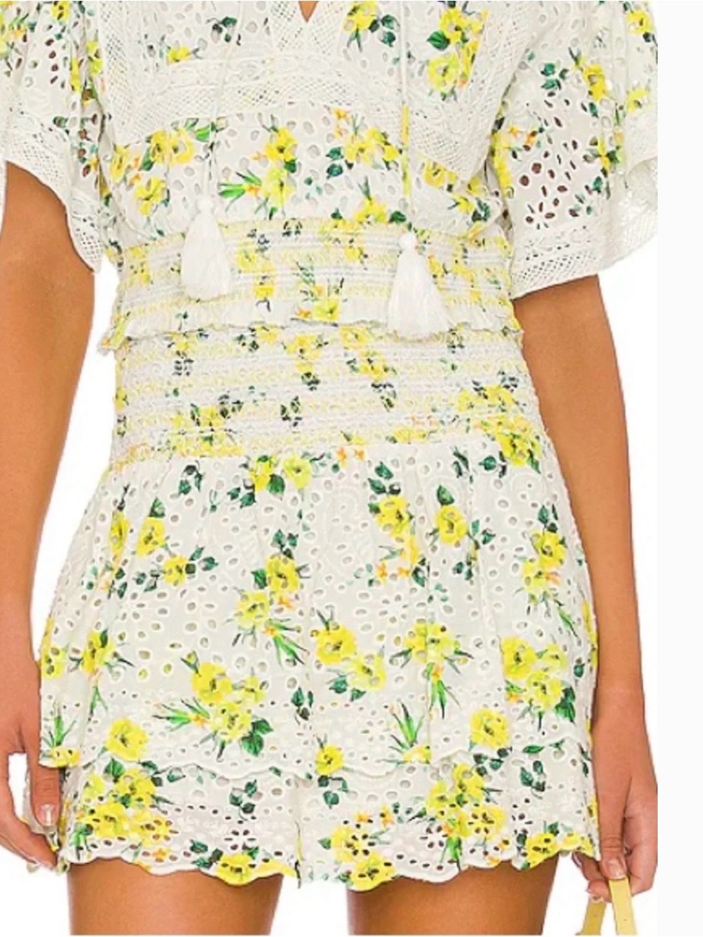 Alice + Olivia White Eyelet Smocked Skirt with Yellow Floral Print